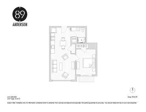 Floor plan for 1 bed, 1 bath, 619 sqft